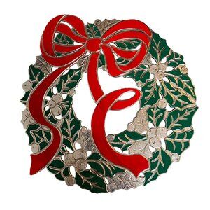 Metal Christmas Wreath With Red Bow & Green Leaves